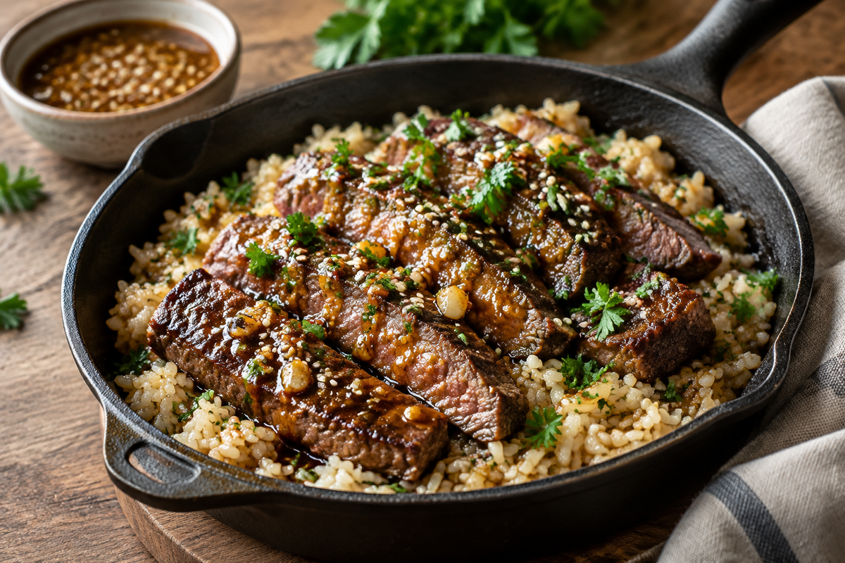 Honey garlic butter steak and rice skillet garnished with parsley and sesame seeds