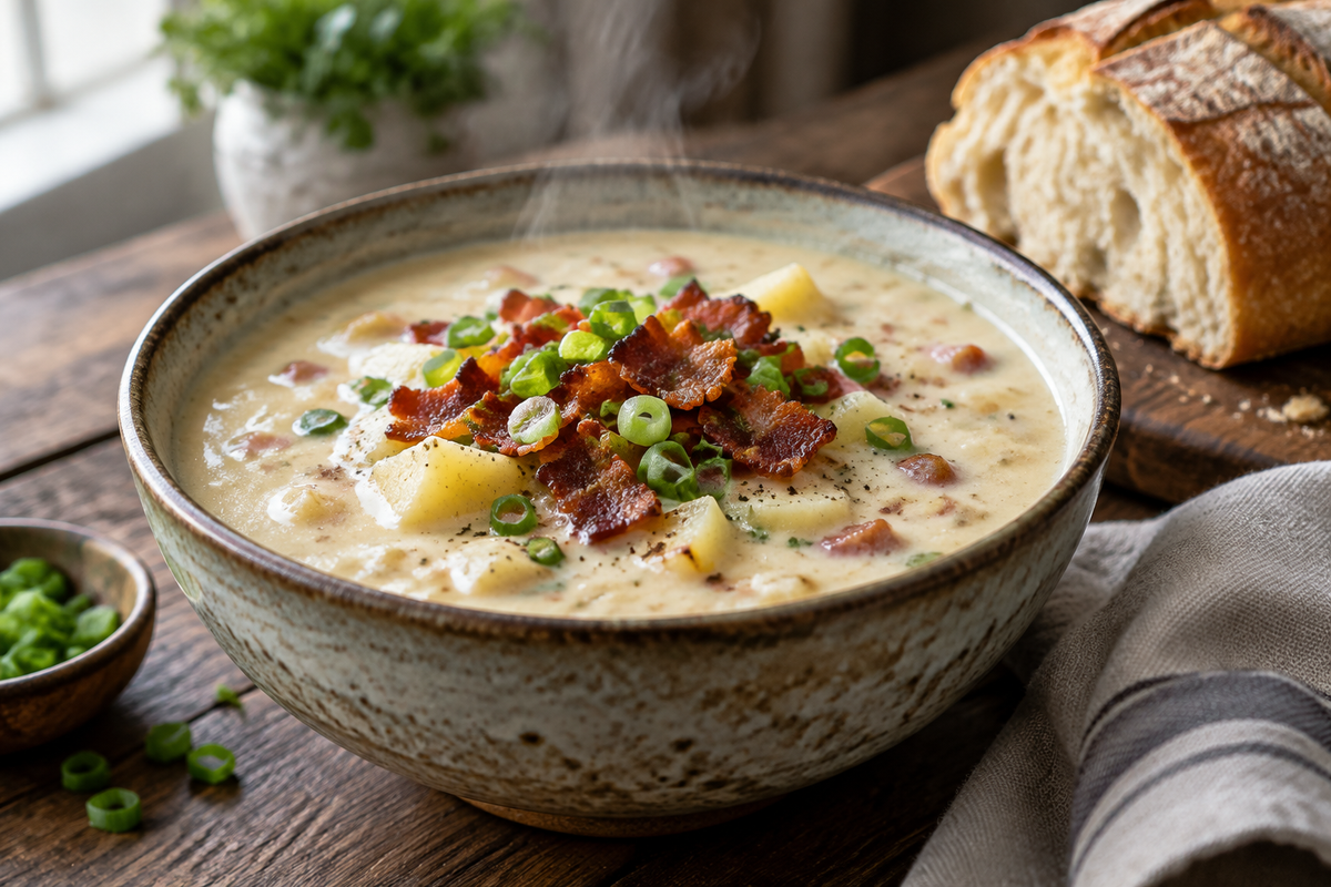 Creamy bacon potato soup served in rustic bowl with crispy bacon bits and chopped green onions