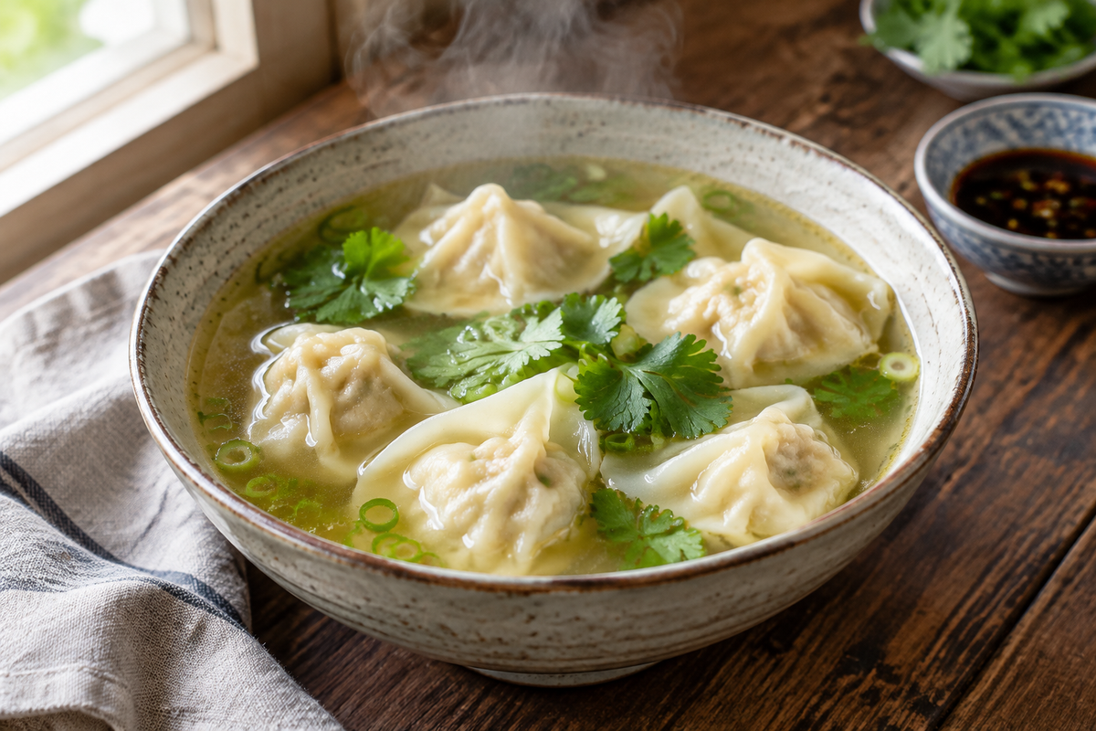 Bowl of comforting chicken wonton soup with homemade dumplings in broth garnished with green onions