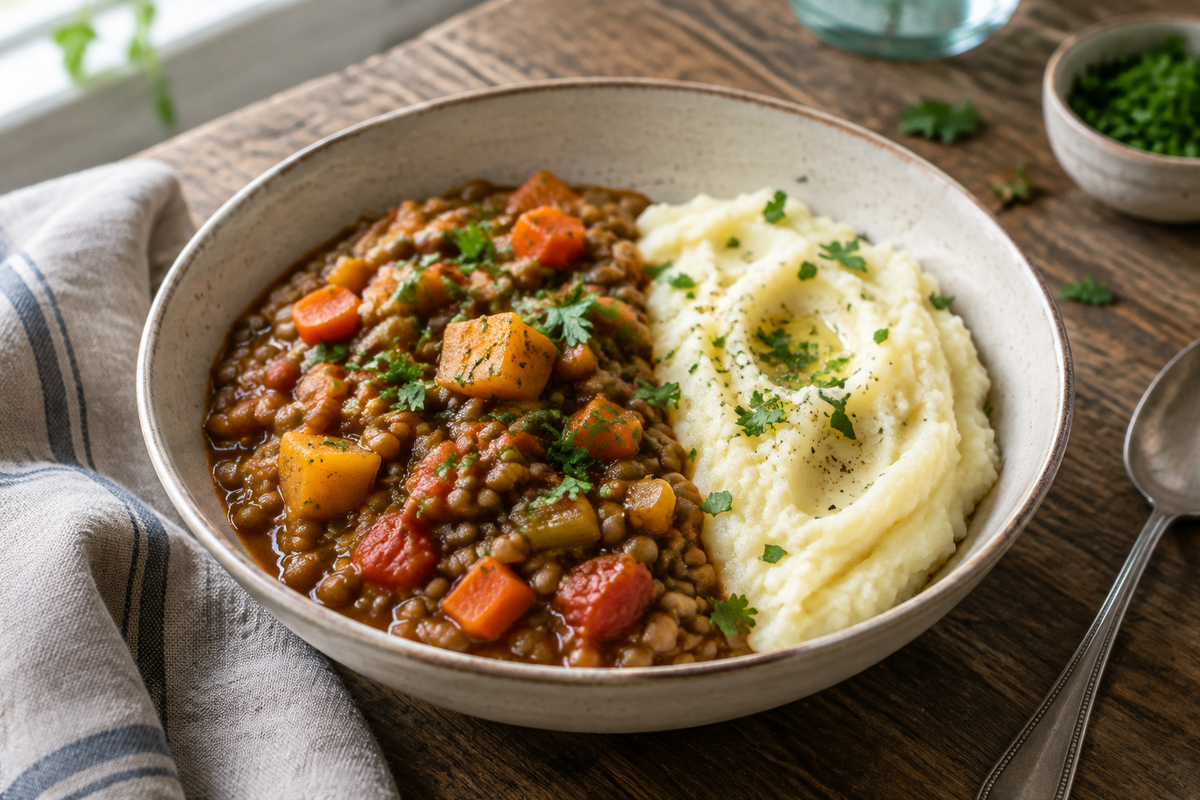 Hearty lentil stew served with luscious creamy mashed potatoes garnished with parsley