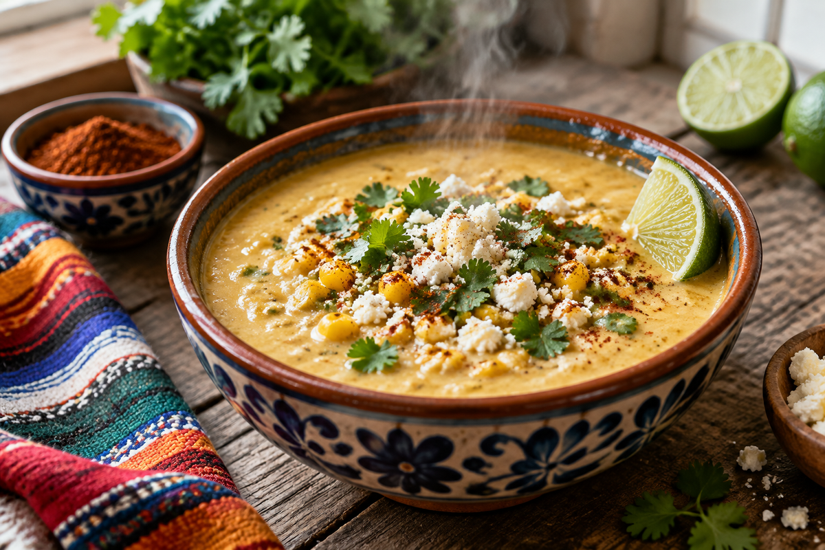 Slow cooker Mexican street corn soup in bowl with cilantro, cotija cheese, and lime garnish