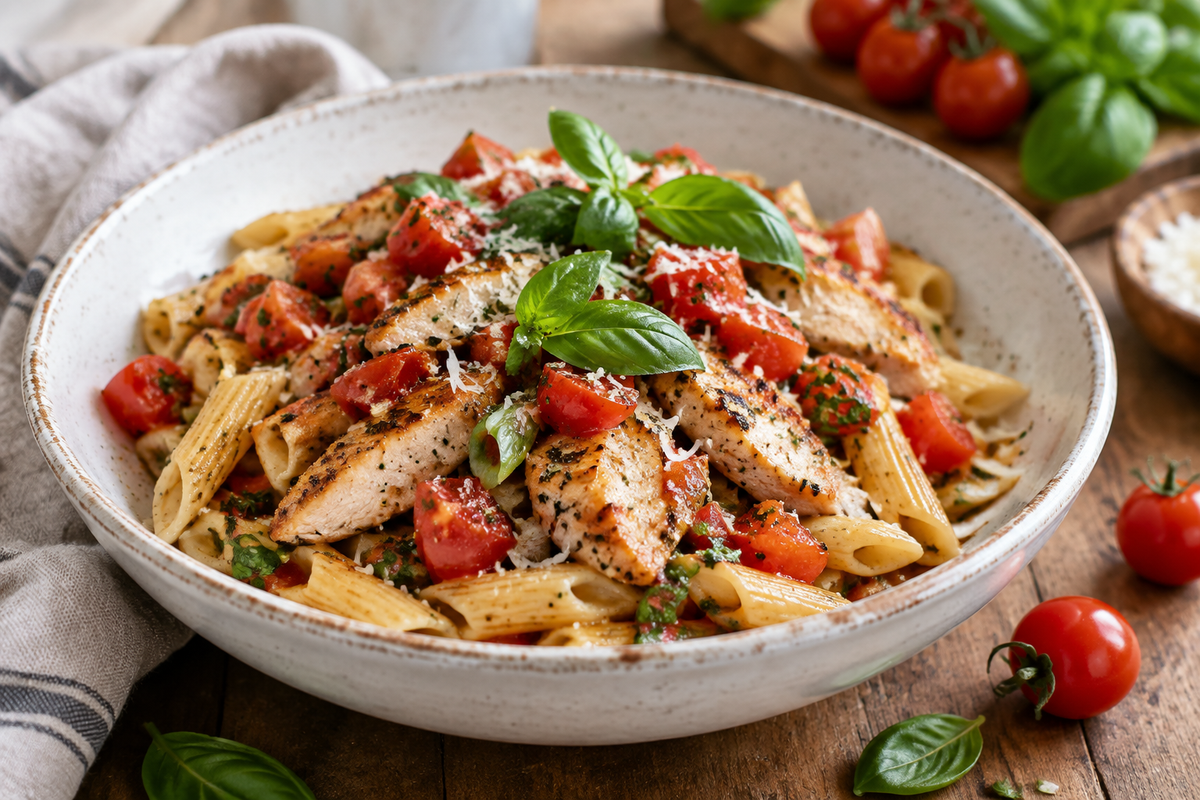 Perfectly cooked bruschetta chicken pasta garnished with fresh basil and diced tomatoes