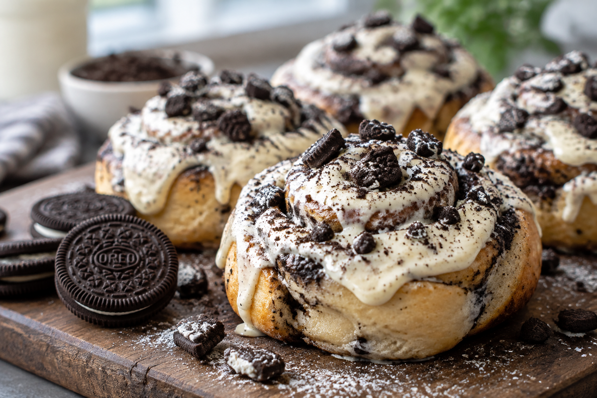 Freshly baked cookies and cream cinnamon rolls topped with cream cheese frosting and Oreo cookie crumbles