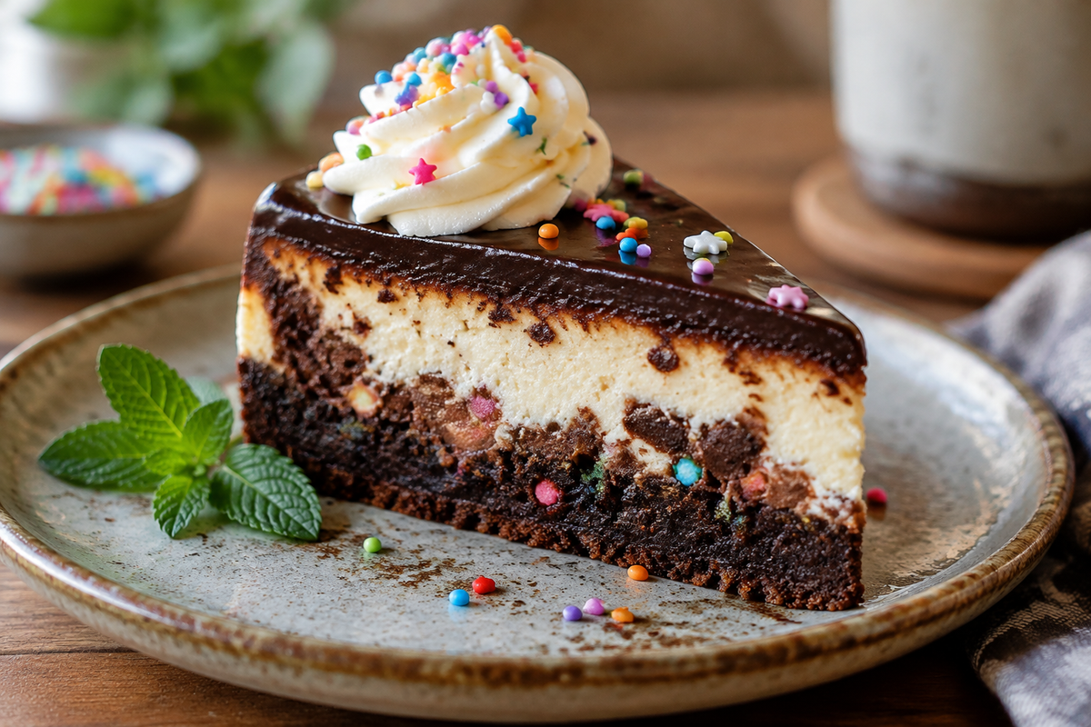 Slice of cosmic brownie cheesecake with colorful sprinkles and creamy layers, showcasing the cosmic brownie cheesecake dessert