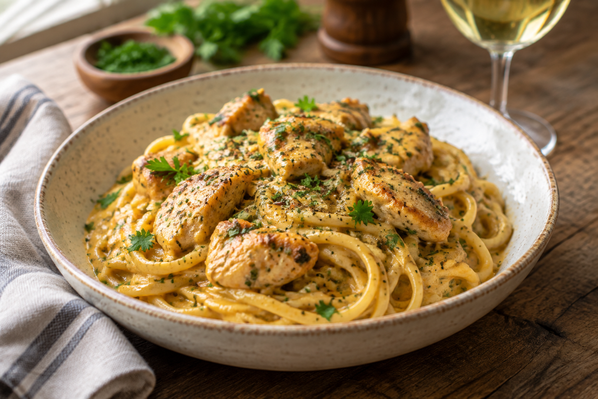Cowboy butter chicken linguine with creamy sauce and fresh parsley garnish