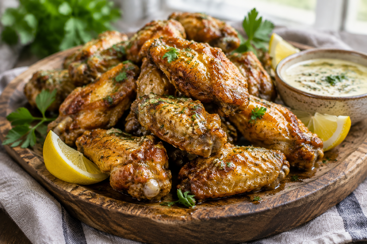 Close-up of crispy cowboy butter chicken wings with fresh parsley garnish and lemon wedges
