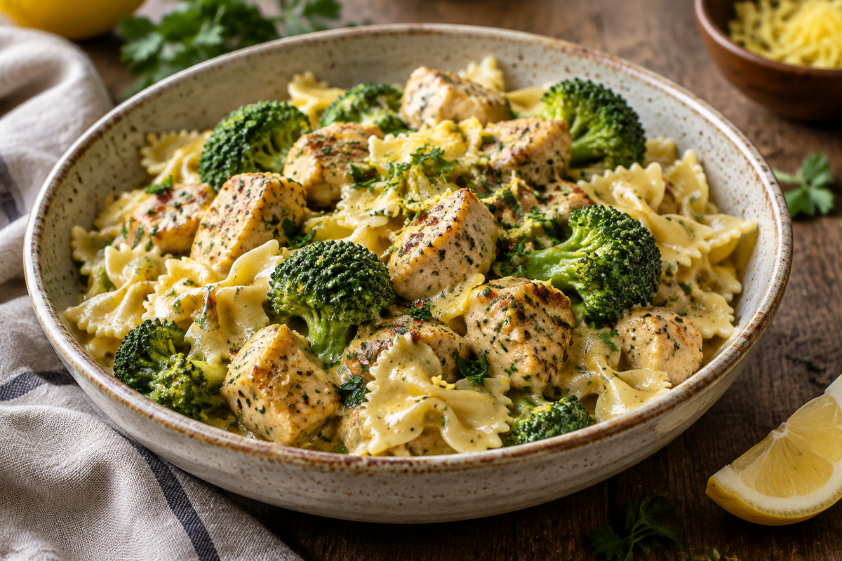 Cowboy butter pasta with lemon bowtie chicken and broccoli served in a rustic bowl, garnished with parsley and lemon zest