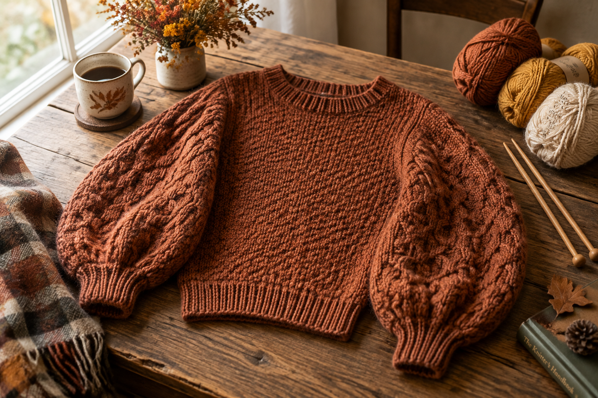 Cozy balloon sleeve sweater laid flat showing puffed sleeves and textured knit pattern