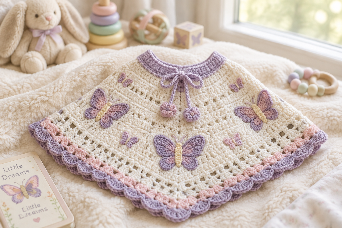 Butterfly baby poncho crochet pattern displayed on a soft blanket with natural lighting