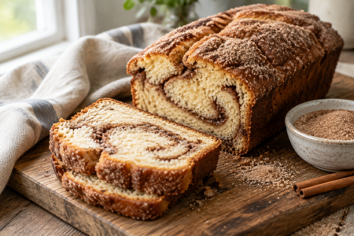 Cozy cinnamon sugar donut bread sliced on a wooden board with cinnamon sugar dusting