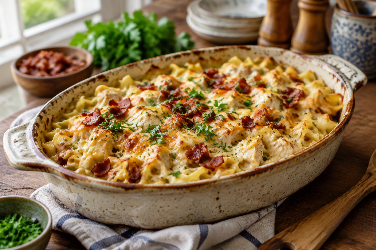 Creamy crack chicken pasta noodle bake garnished with parsley and bacon bits