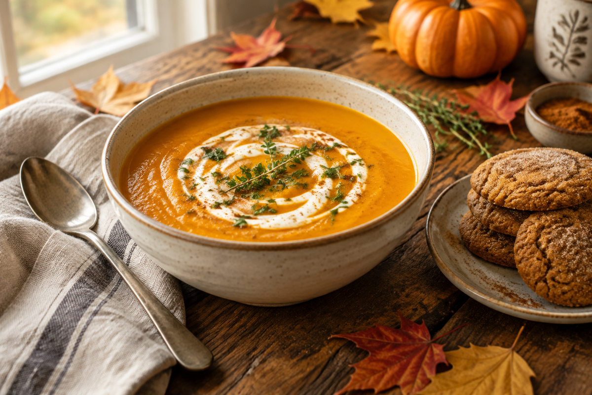 Bowl of pumpkin spice soup from fall recipe ebook garnished with cream and herbs