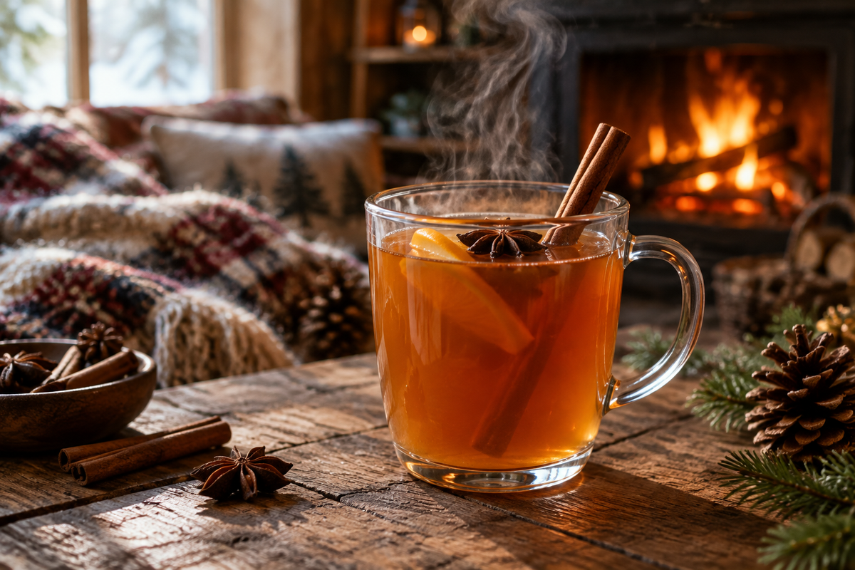 Steaming cozy fireside mocktail in a glass mug garnished with cinnamon stick and star anise