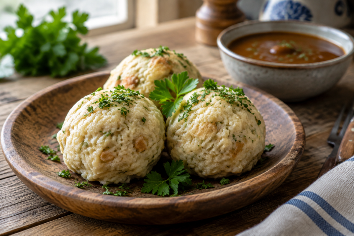 Cozy German knödel dumpling on rustic plate garnished with parsley and brown gravy, german knödel dumpling