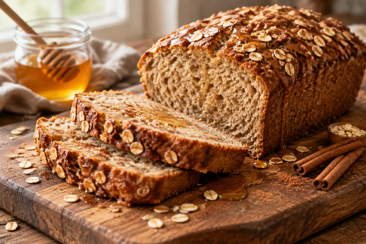 Slice of honey-cinnamon oatmeal bread with golden crust and oats, perfect for breakfast bliss