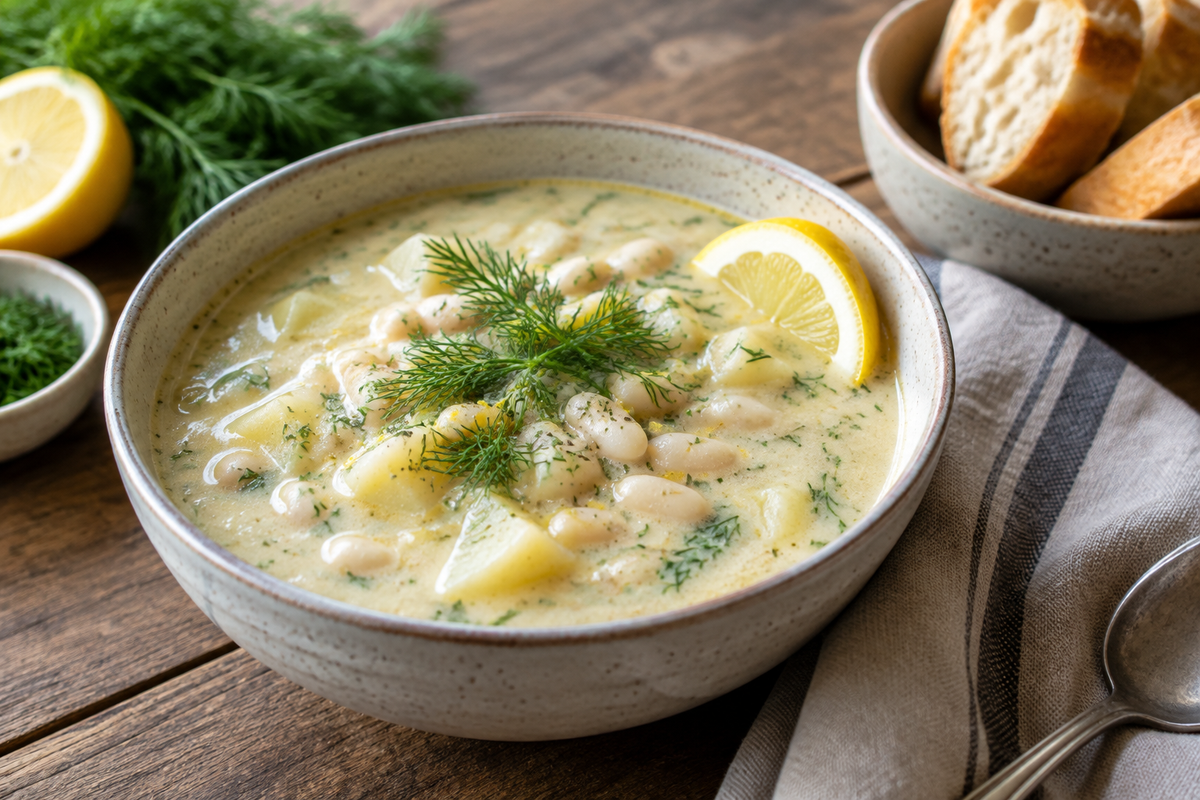 Cozy lemon dill soup with white beans and potatoes garnished with fresh dill and lemon wedge