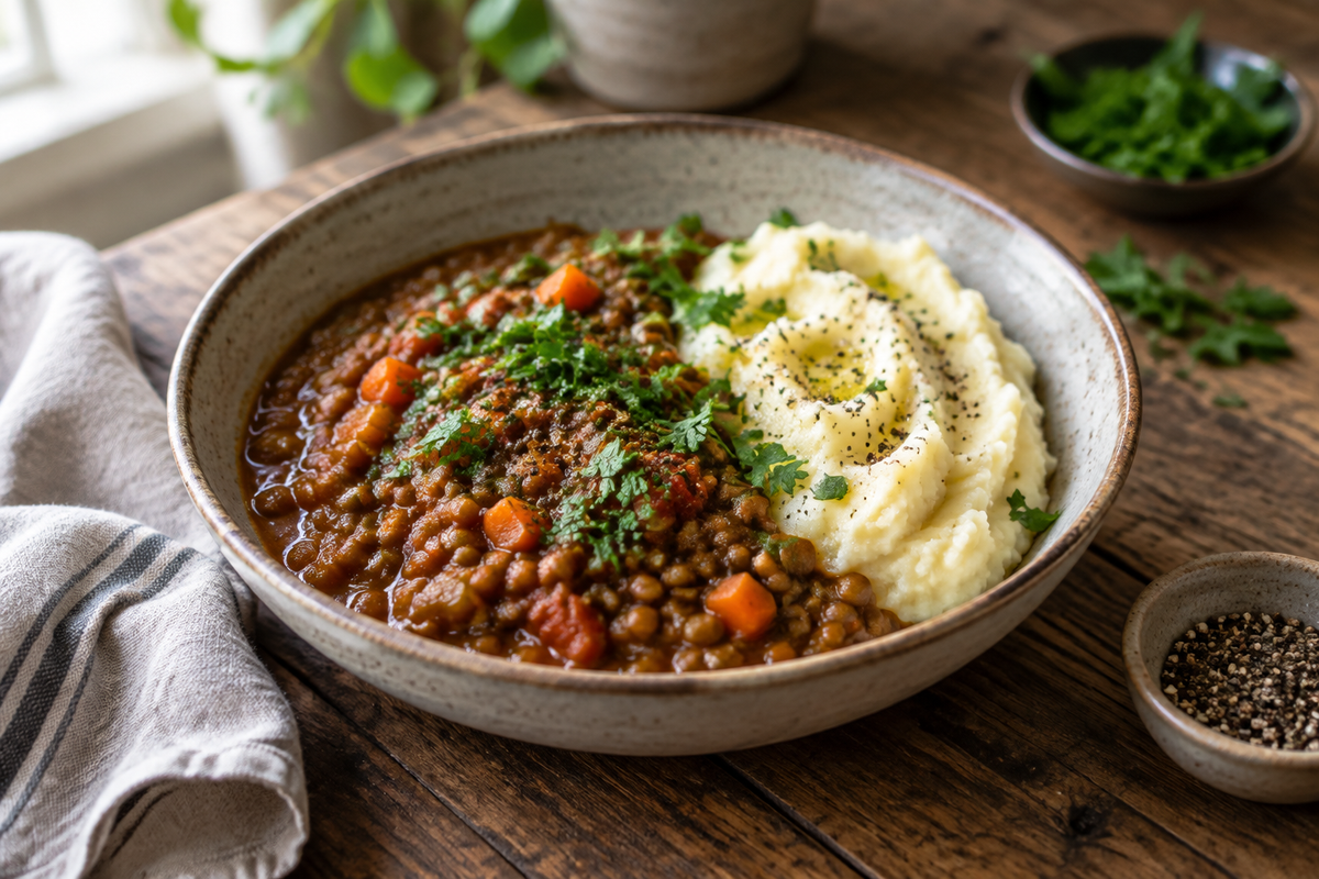 Cozy lentil stew served with creamy mashed potatoes garnished with fresh herbs and black pepper