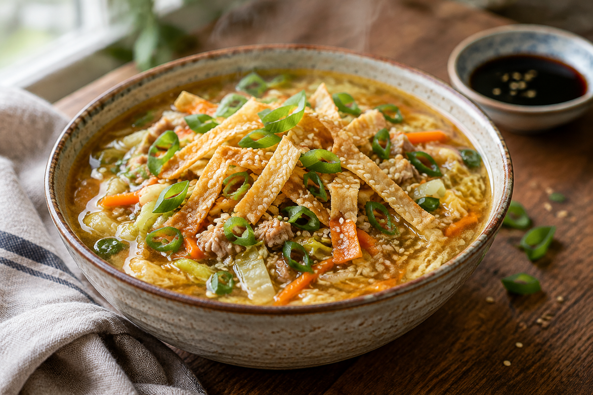 Cozy one-pot egg roll soup in a bowl with fresh vegetables and crispy wonton strips, garnished with sesame seeds