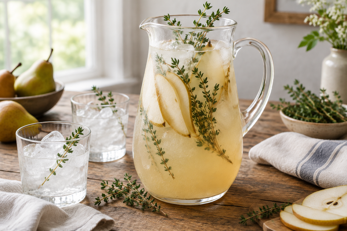 Cozy pear thyme mocktail pitcher drink garnished with fresh thyme and pear slices