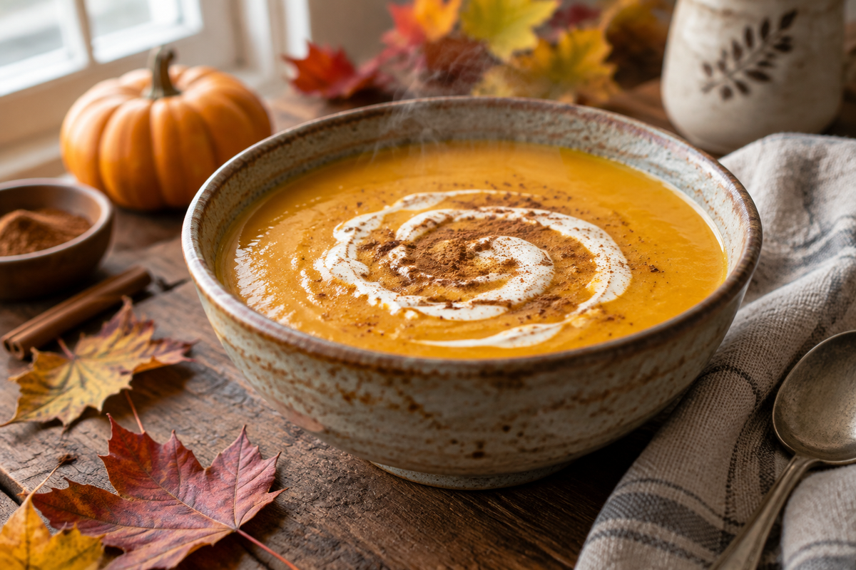 Creamy pumpkin spice soup garnished with cream swirl and cinnamon, perfect pumpkin spice soup