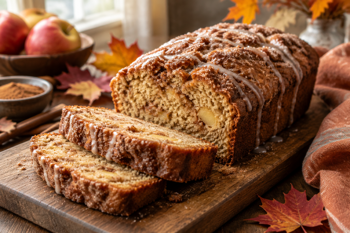 Cozy spiced apple cider donut loaf topped with cinnamon sugar glaze on a rustic board