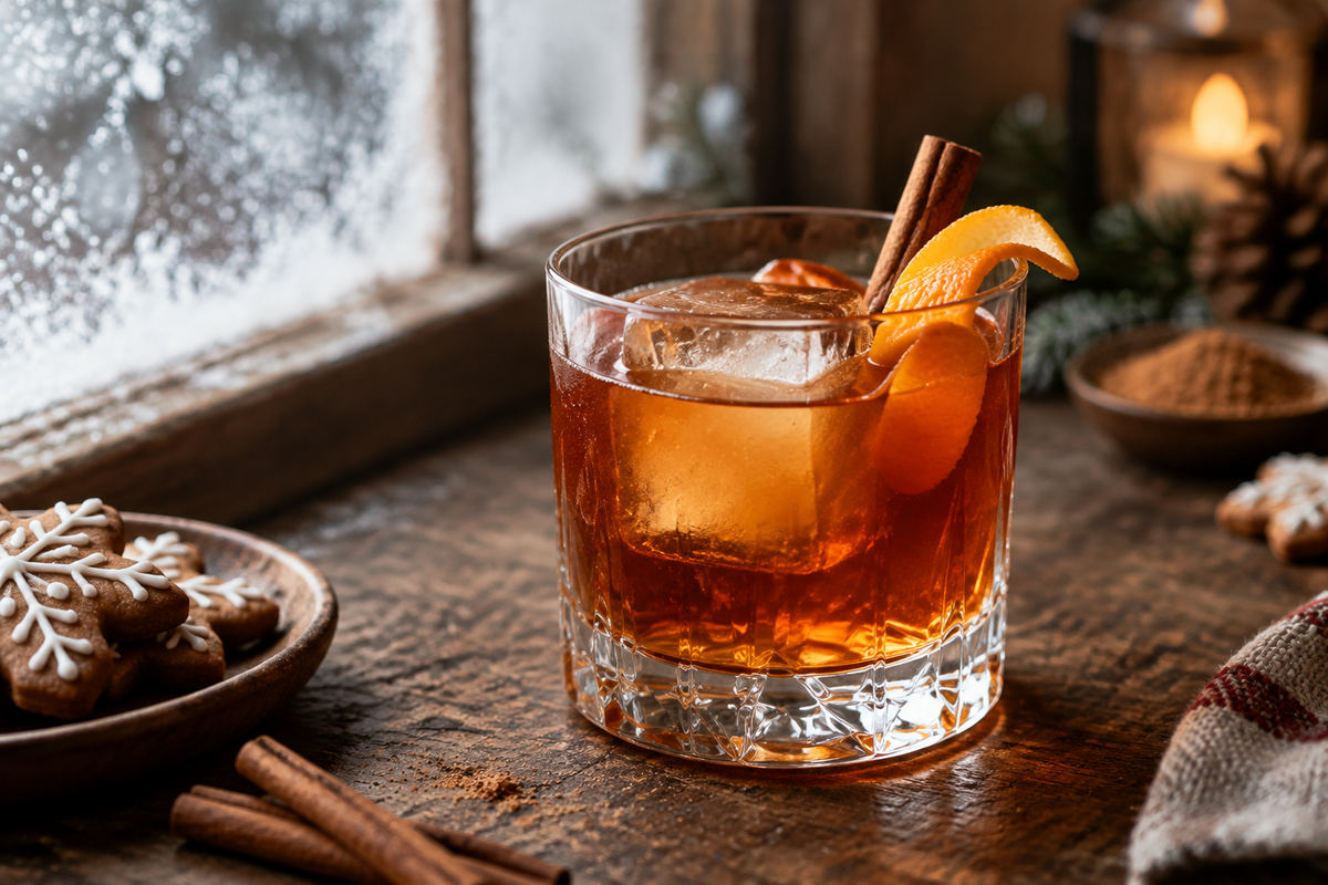 Gingerbread old fashioned cocktail with orange twist and cinnamon stick garnish in a short glass