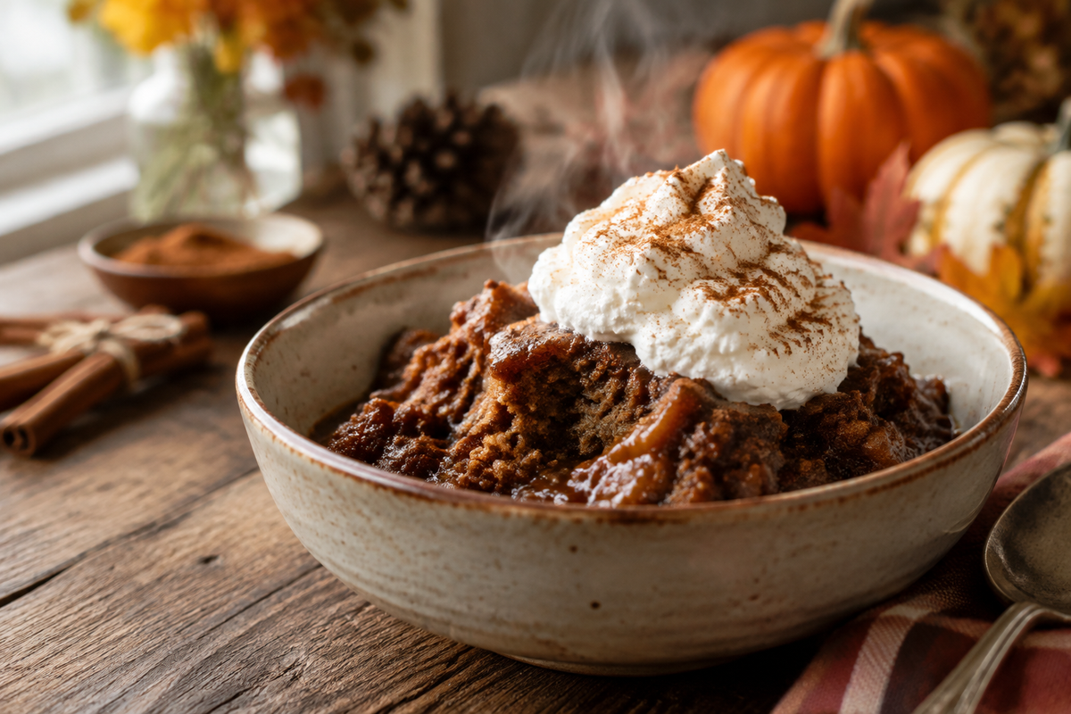 Warm gingerbread pudding in a bowl topped with whipped cream and cinnamon, showcasing spiced holiday comfort