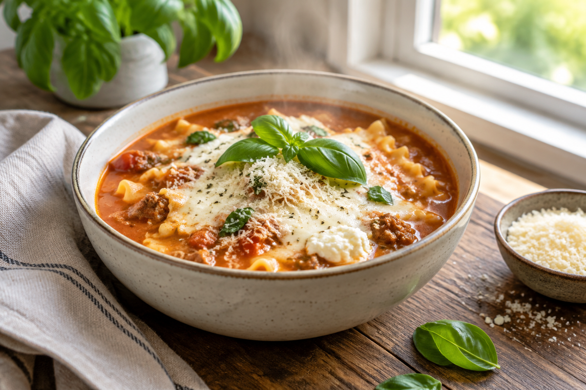 Bowl of cozy lasagna soup with ricotta and mozzarella garnished with fresh basil