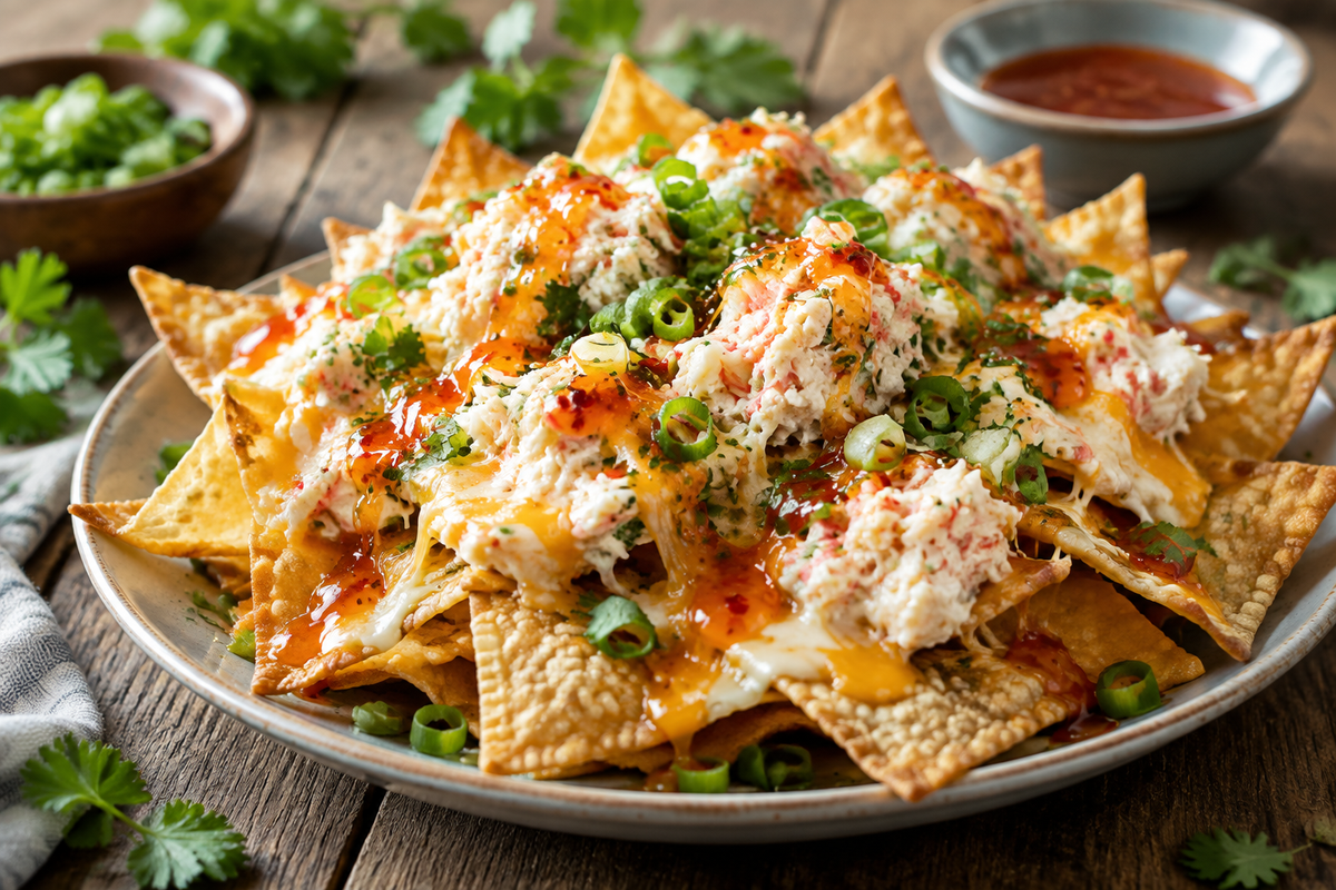 Plate of crab rangoon nachos with crispy wonton chips, crab filling, cheese, and green onions