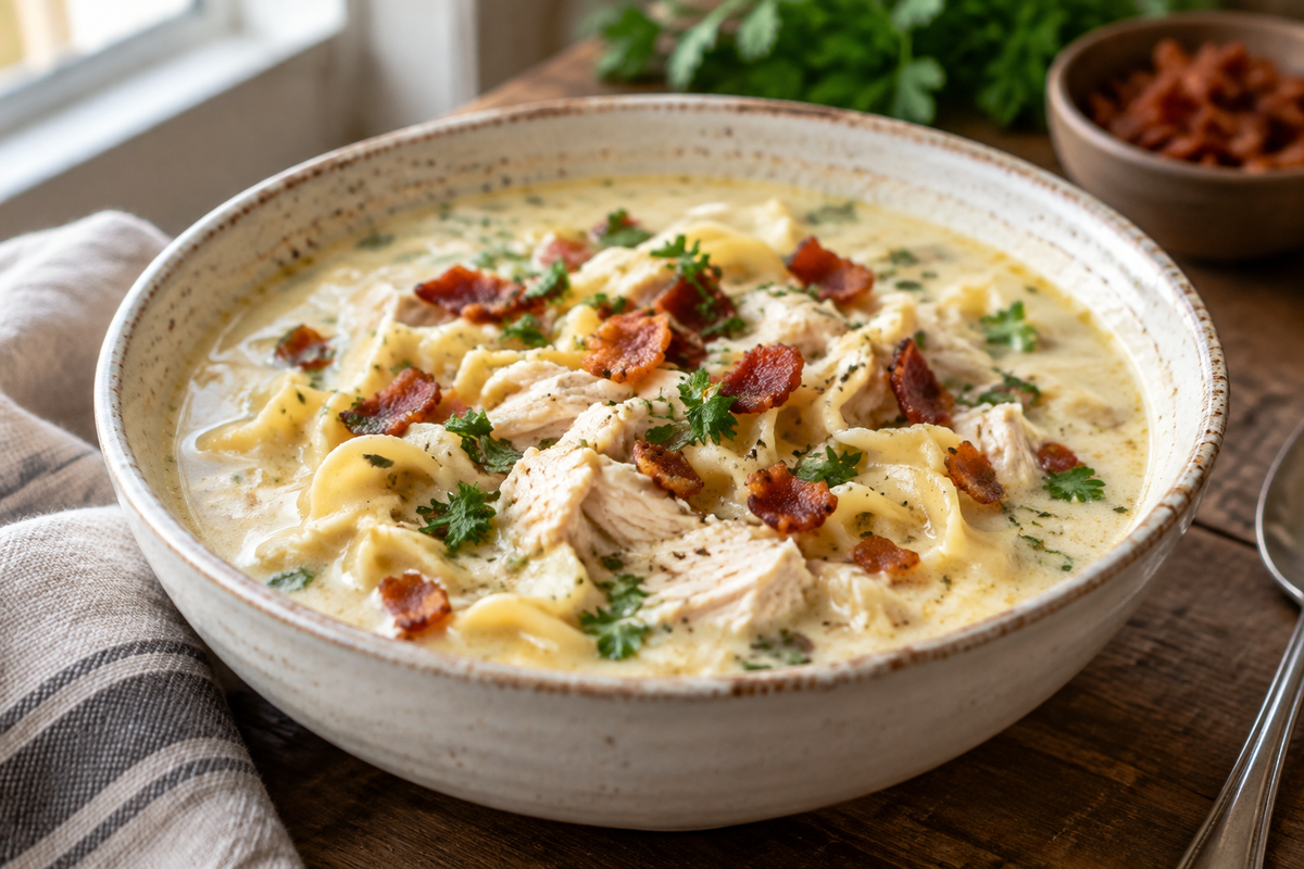 Creamy crack chicken noodle soup garnished with parsley and bacon bits in a white bowl