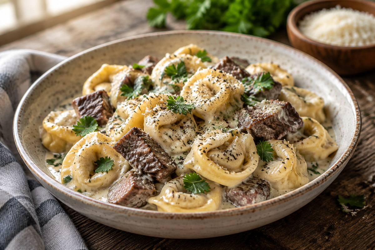 Garlic steak tortellini in creamhouse sauce garnished with parsley and cracked pepper