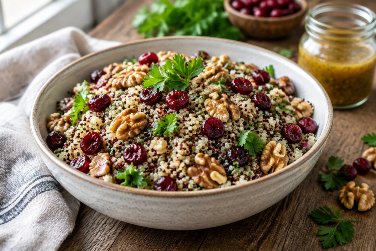 Bowl of cranberry walnut quinoa salad with fresh parsley garnish, perfect cranberry walnut quinoa salad