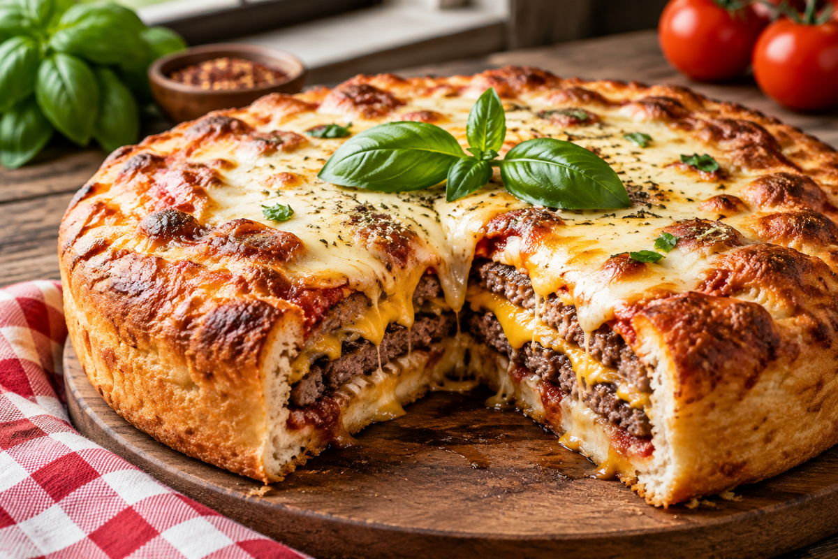 Crazy good pizza burger pie with melted cheese and basil garnish on rustic table