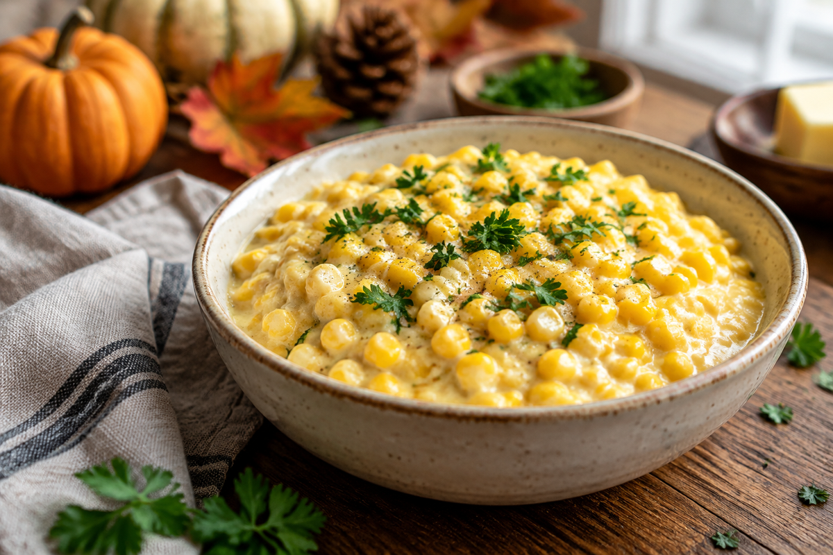 Creamed corn Thanksgiving side dish with fresh parsley garnish and creamy texture