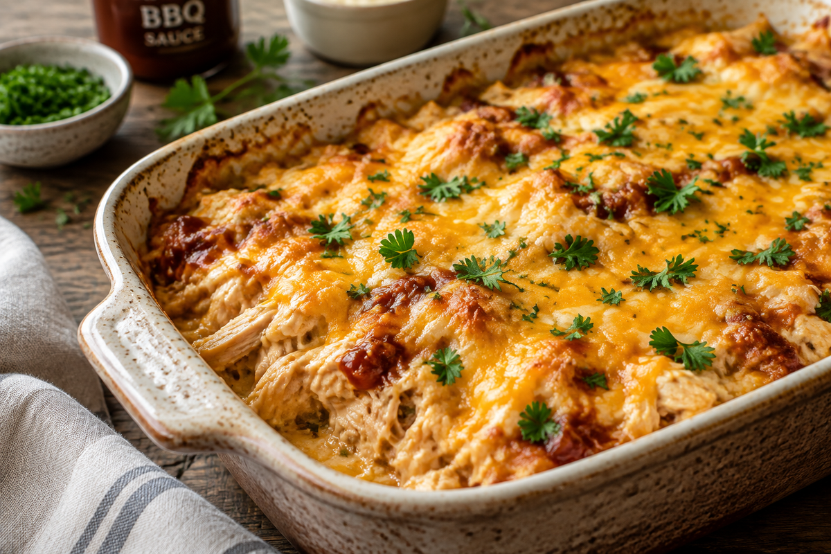 Creamy BBQ ranch chicken casserole topped with melted cheese and parsley in a rustic baking dish