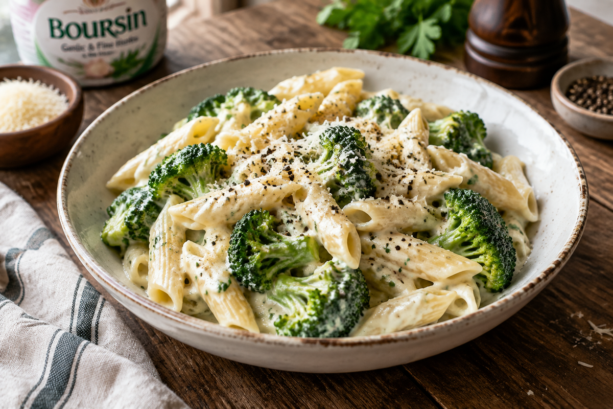 Creamy Boursin cheese pasta tossed with fresh broccoli delight on a rustic plate