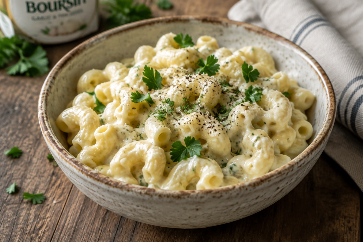 Creamy Boursin mac cheese garnished with parsley in a rustic bowl, showcasing rich texture and color