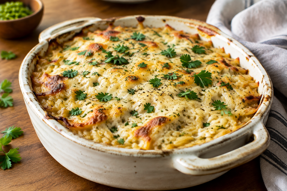 Creamy Boursin Orzo Bake in a rustic white dish garnished with fresh parsley, showcasing the creamy texture and golden top