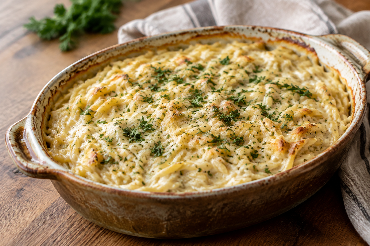 Creamy Boursin orzo bake garnished with parsley in a rustic dish, showcasing rich creamy texture