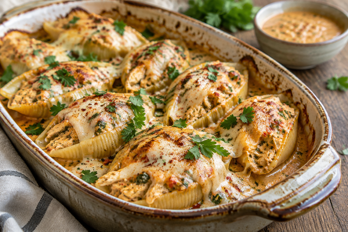 Creamy Cajun chicken stuffed shells in a rustic dish garnished with parsley