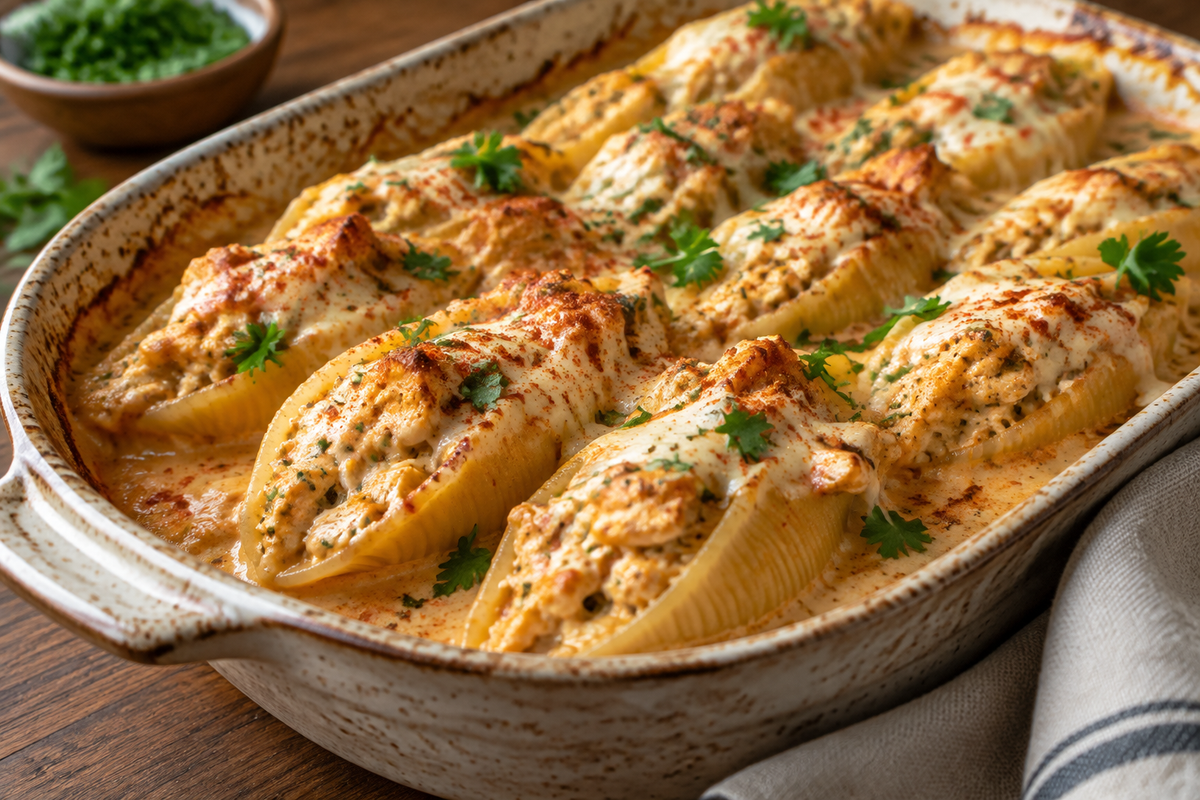 Creamy Cajun chicken stuffed shells in a baking dish garnished with parsley and paprika
