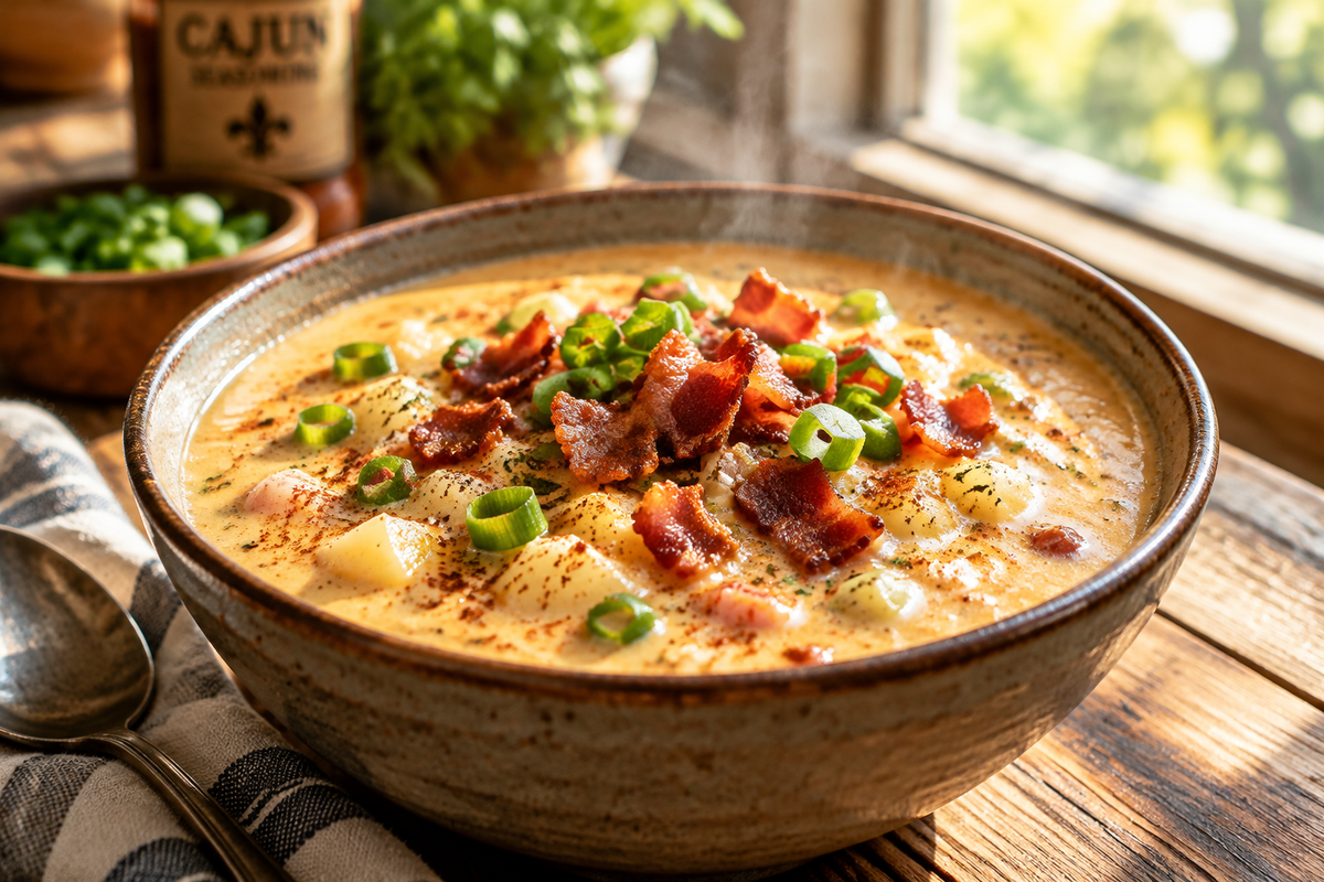 Creamy cajun potato soup garnished with bacon and green onions in a rustic bowl