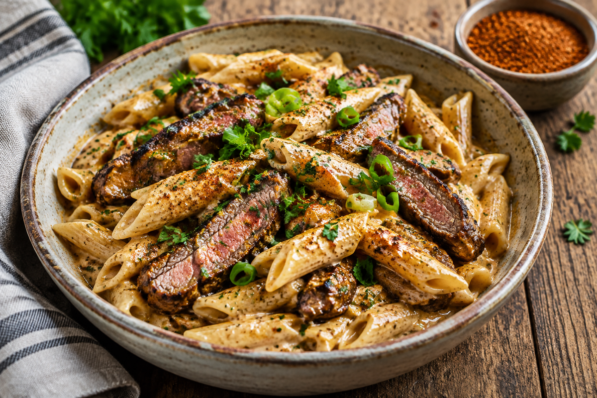 Creamy Cajun steak penne pasta in bowl garnished with parsley and green onions, showcasing the cajun steak penne
