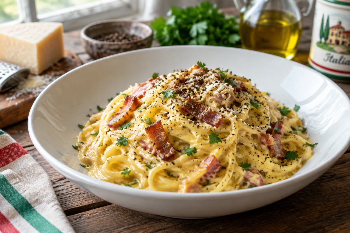 Creamy carbonara pasta served in a white bowl with black pepper and parsley garnish, showcasing creamy carbonara sauce