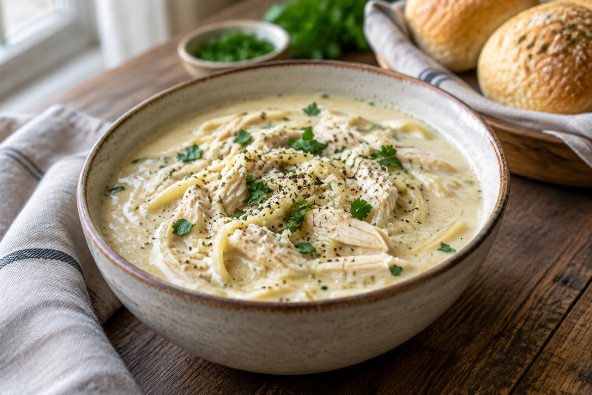 Creamy chicken alfredo soup in a bowl garnished with parsley and black pepper