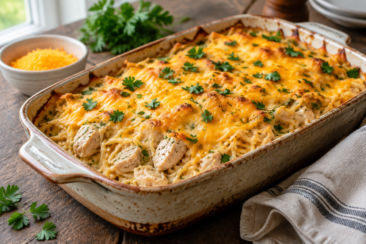 Creamy chicken spaghetti bake with melted cheese and parsley garnish, showcasing the chicken spaghetti bake focus keyphrase