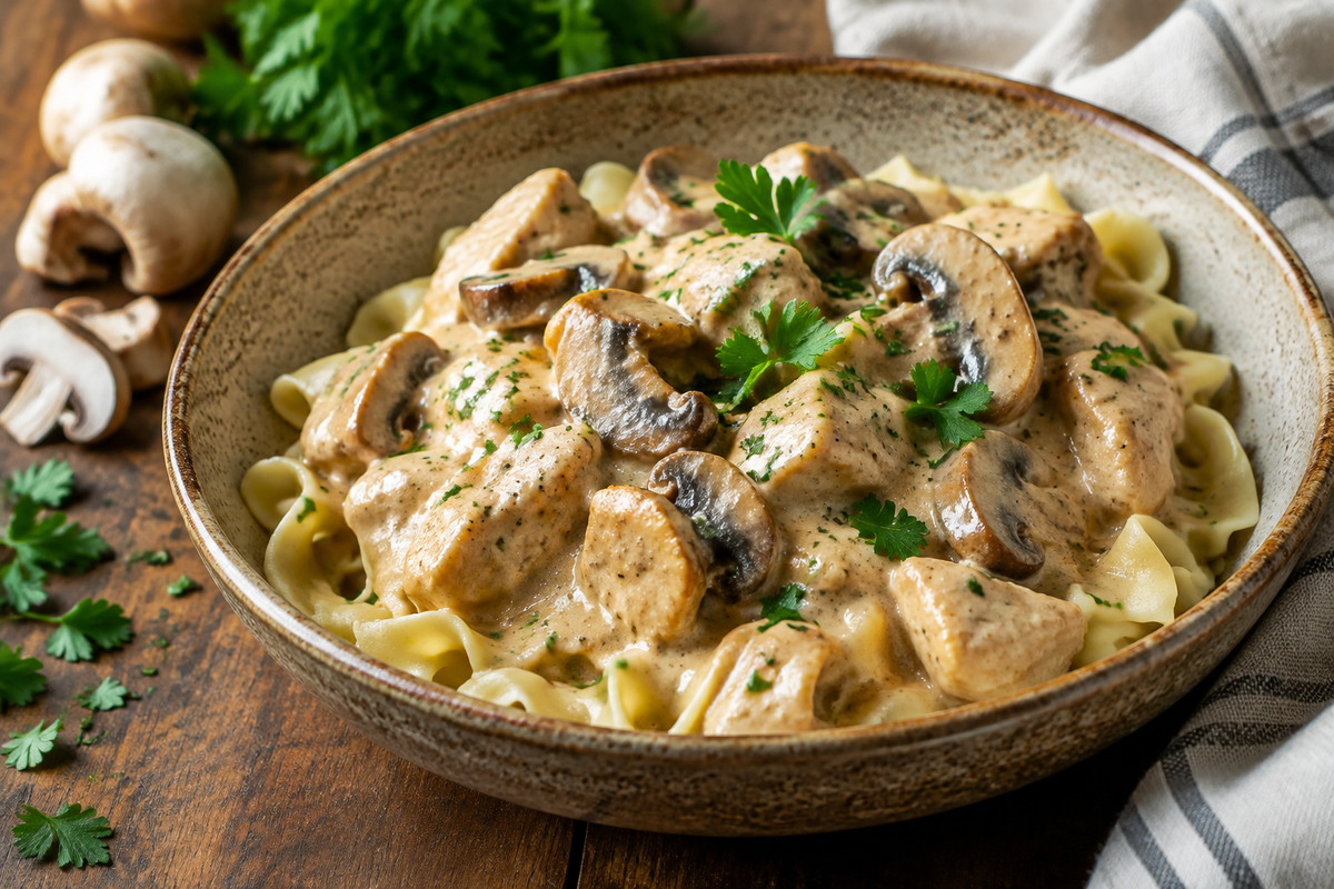 Creamy chicken stroganoff served in bowl garnished with parsley, showcasing creamy chicken stroganoff