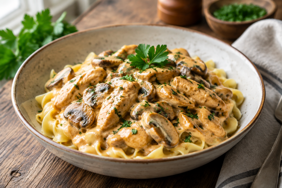 Creamy chicken stroganoff served in a bowl garnished with parsley, showcasing the creamy chicken stroganoff dish