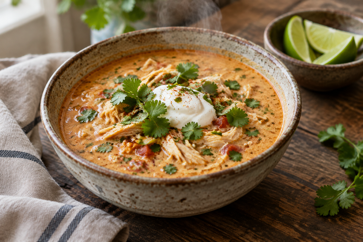 Creamy chipotle chicken soup garnished with cilantro and sour cream in a rustic bowl