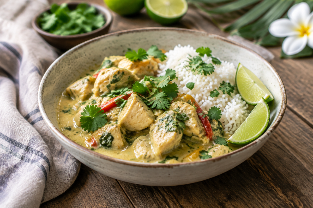 Creamy coconut chicken and rice in a bowl garnished with cilantro and lime, showcasing creamy coconut chicken